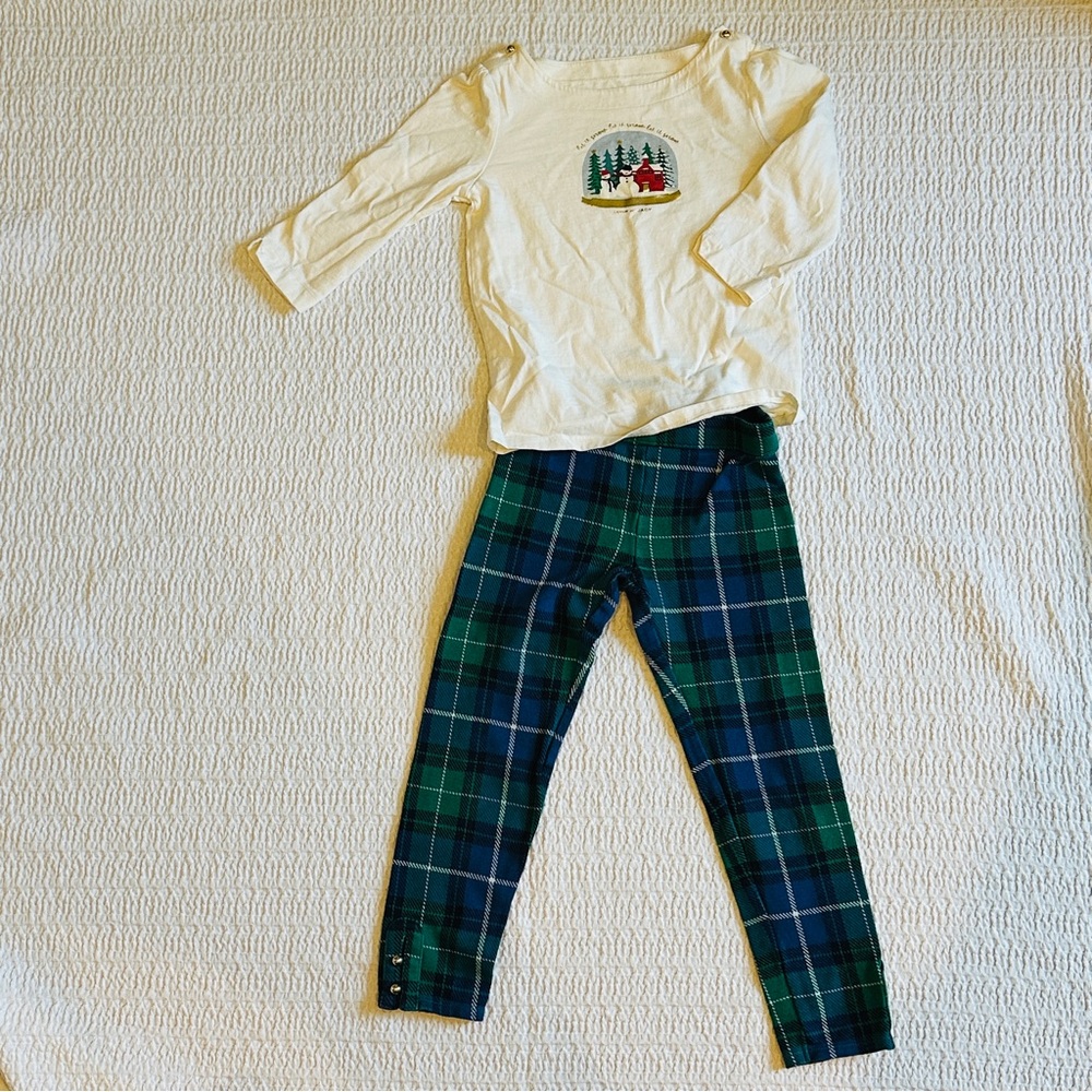 Janie and Jack Cream Top with Blue Plaid Leggings 7t